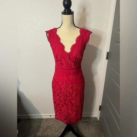 Tadashi Shoji (SALE) Red embroidered lace banded sheath dress in size 4 - Picture 3 of 9
